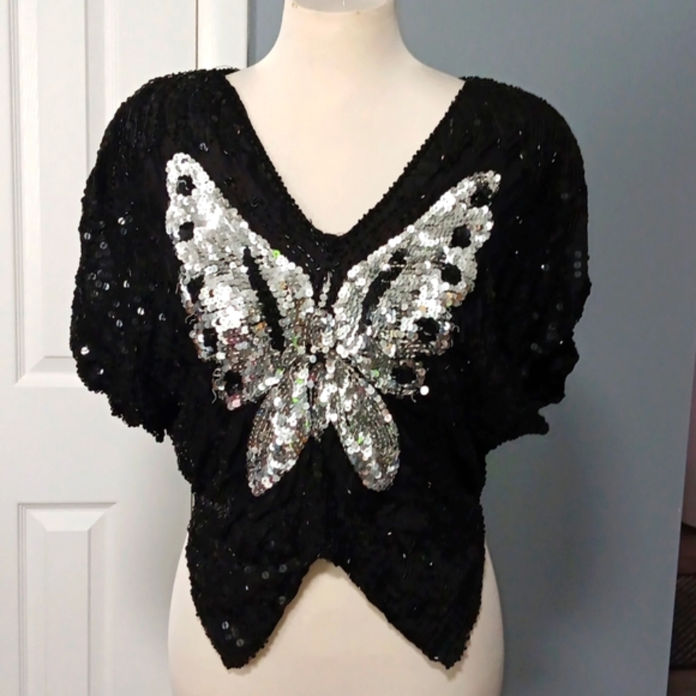 Silk and sequins butterfly top
